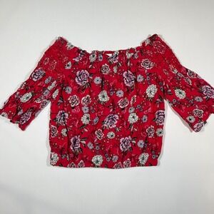 SO Floral Off The Shoulder Crop Top Women Small Red Floral Boho Smocked Festival